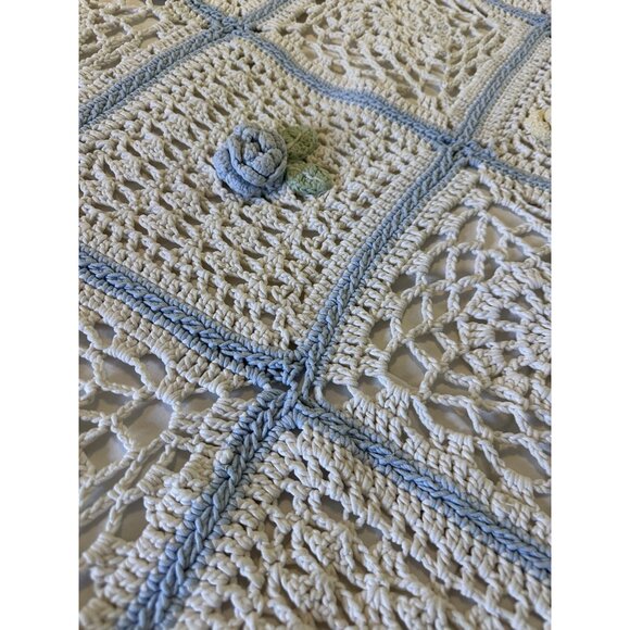 Handmade Crochet Wool Throw Blanket 47x57 3D Floral Squares Blue Border Cottage - Picture 9 of 16
